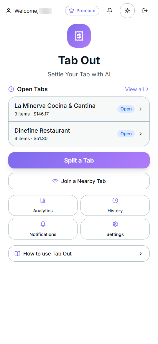 Tab Out home screen — Settle your tab with AI
