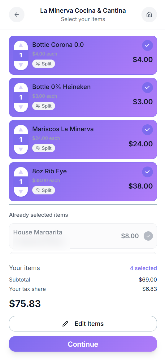 Select your items from the receipt