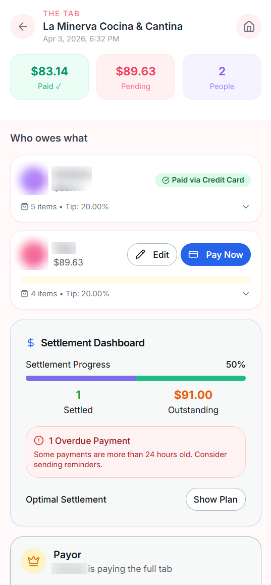 Tab Out settlement screen showing who owes what